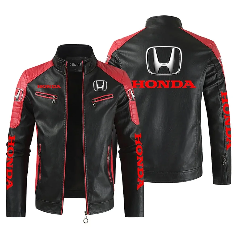 

Honda logo men's autumn and winter PU leather jacket men's stand-up collar windproof motorcycle lapel diagonal zipper men's coat