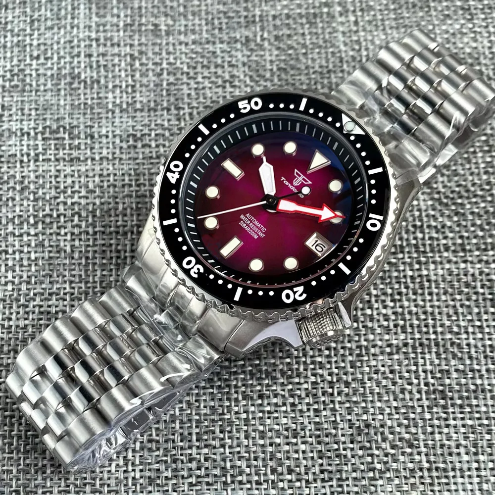 Tandorio Sunburst Purple Dial Luminous NH35 Automatic 20ATM Waterproof Diving Watch For Men SKX Model 3.8 Crown Steel Bracelet