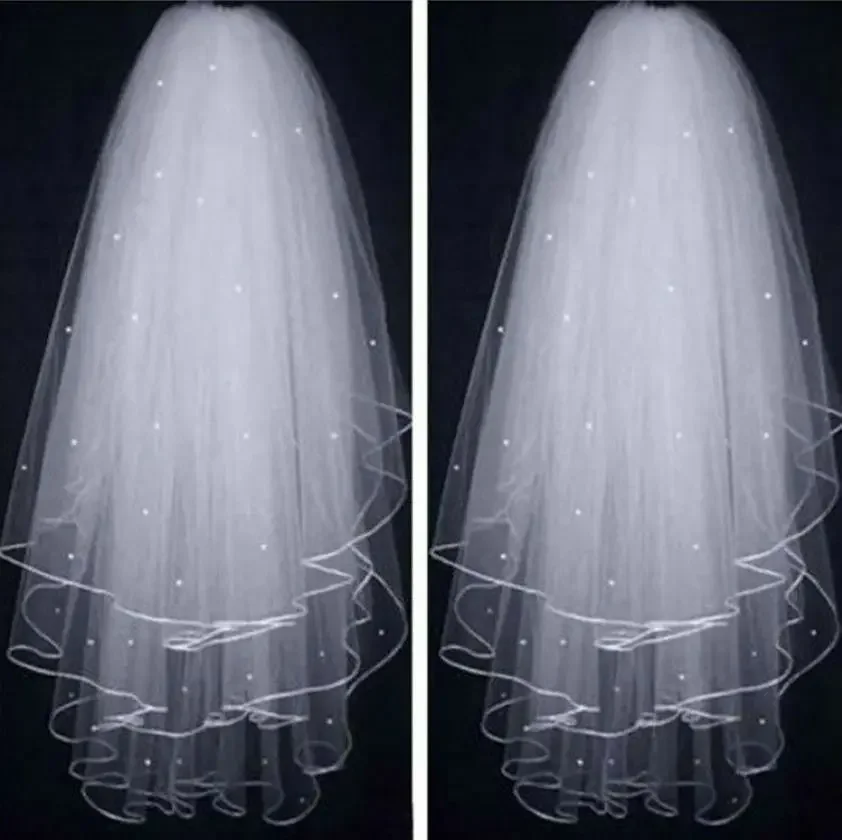 

Latest Looking of New Arrival High Soft Bridal Illusion White Ribbon Edges with Pearls Wedding Veils