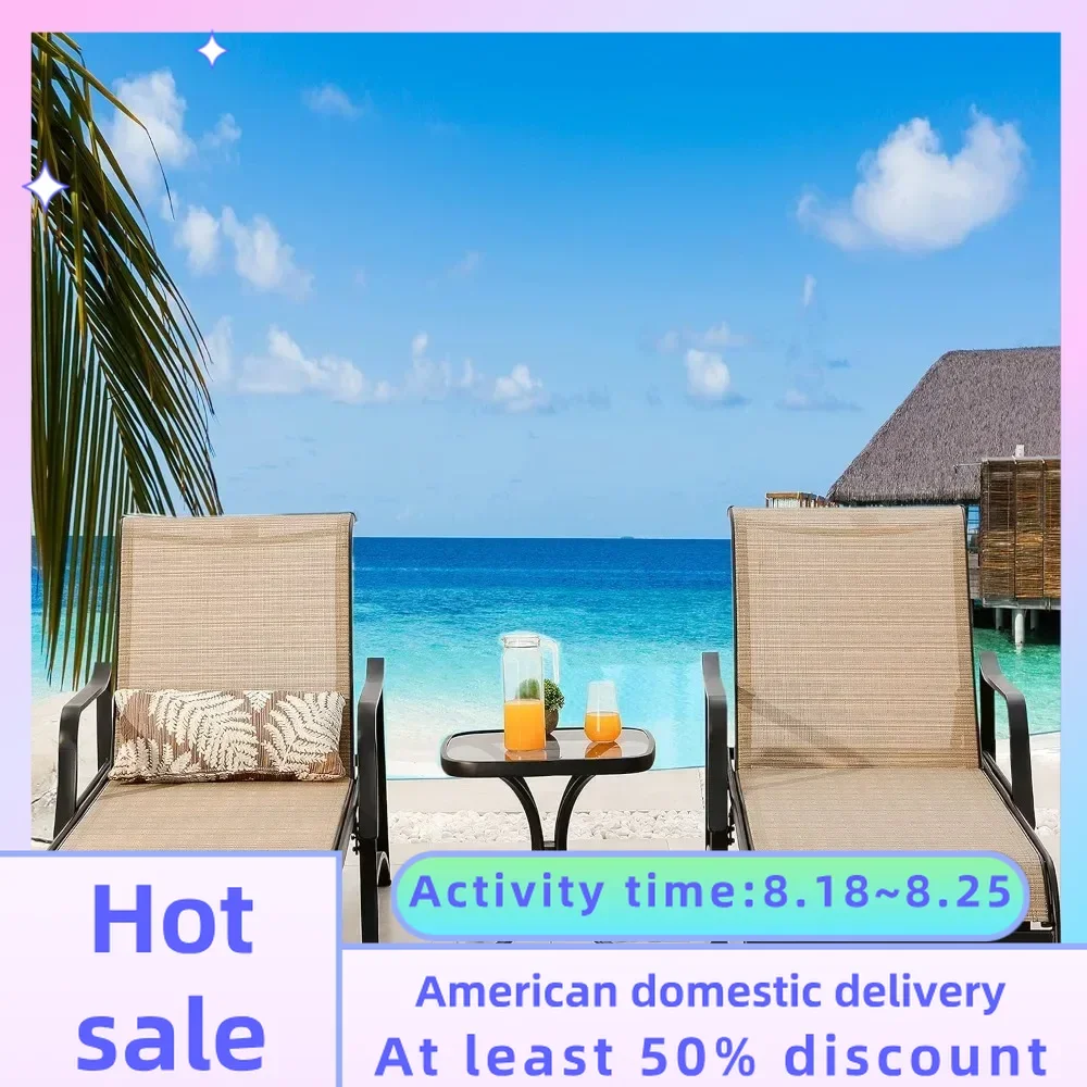 

Outdoor Patio Adjustable Metal Chaise Lounge Chair Recliner Set of 2 With 1 Glass Top Bistro Table Beige Freight Free Armchair
