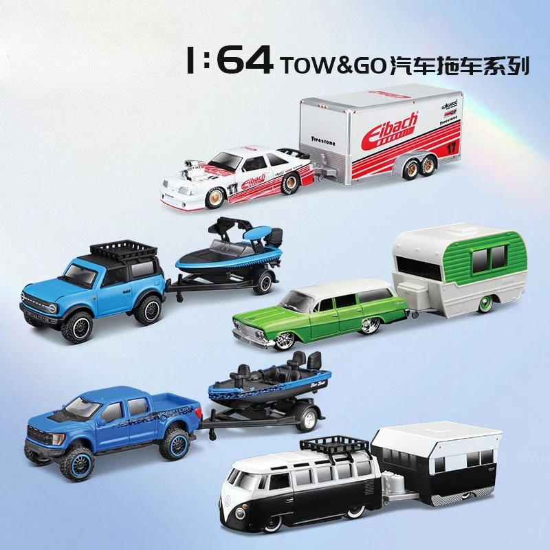 

1:64 Simulation Samba Alloy Van Car Model, Manual Push Toy Vehicle, with Alameda Trailer, for Kids Collectible Display Car Toys