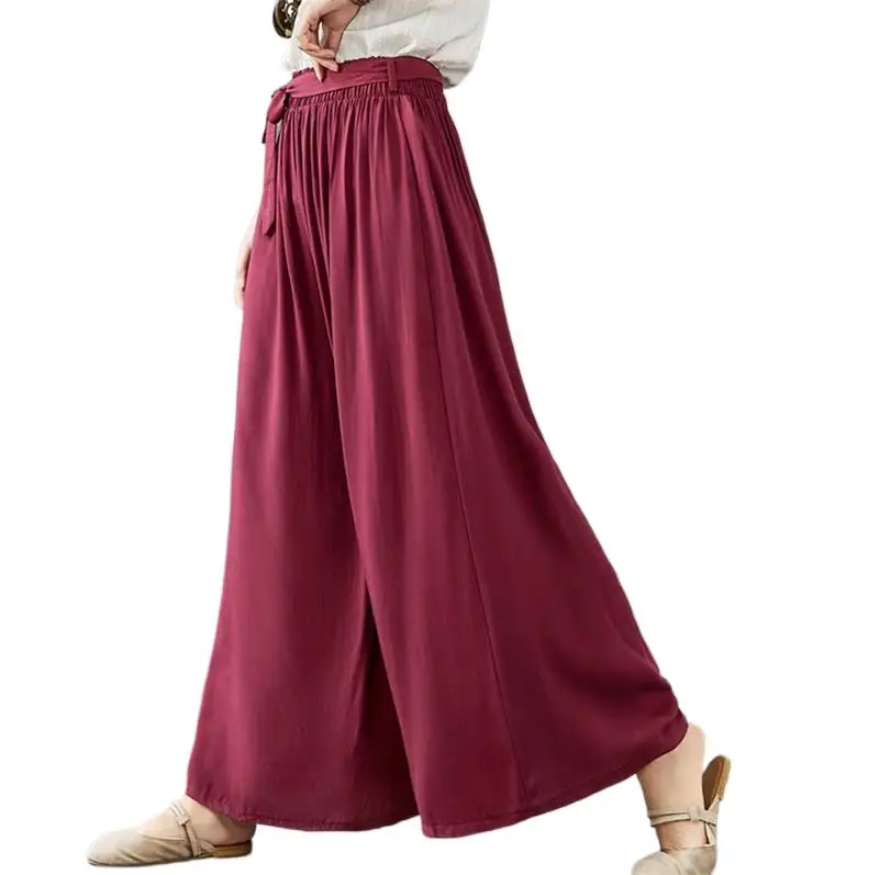 

2024 Summer Women Wide Leg Pants Vintage Casual Loose Elastic Waist thin Trousers Cotton linen Long Pants Oversized pantalones