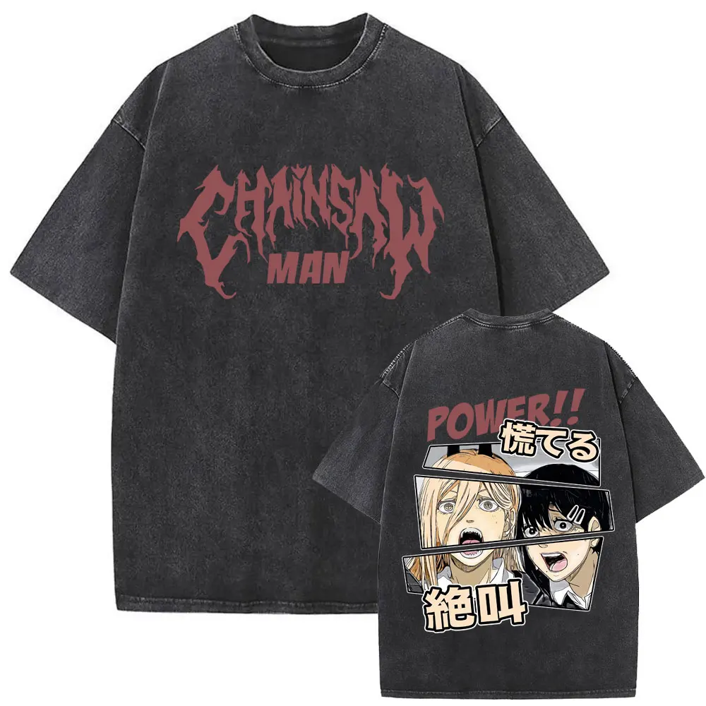2026 Neues Sommer Chainsaw Man Hochwertiges T-Shirt für Herren und Damen aus Baumwolle im Vintage-Washed-Look mit Retro-Print, Streetwear, Partnerlook für die Familie