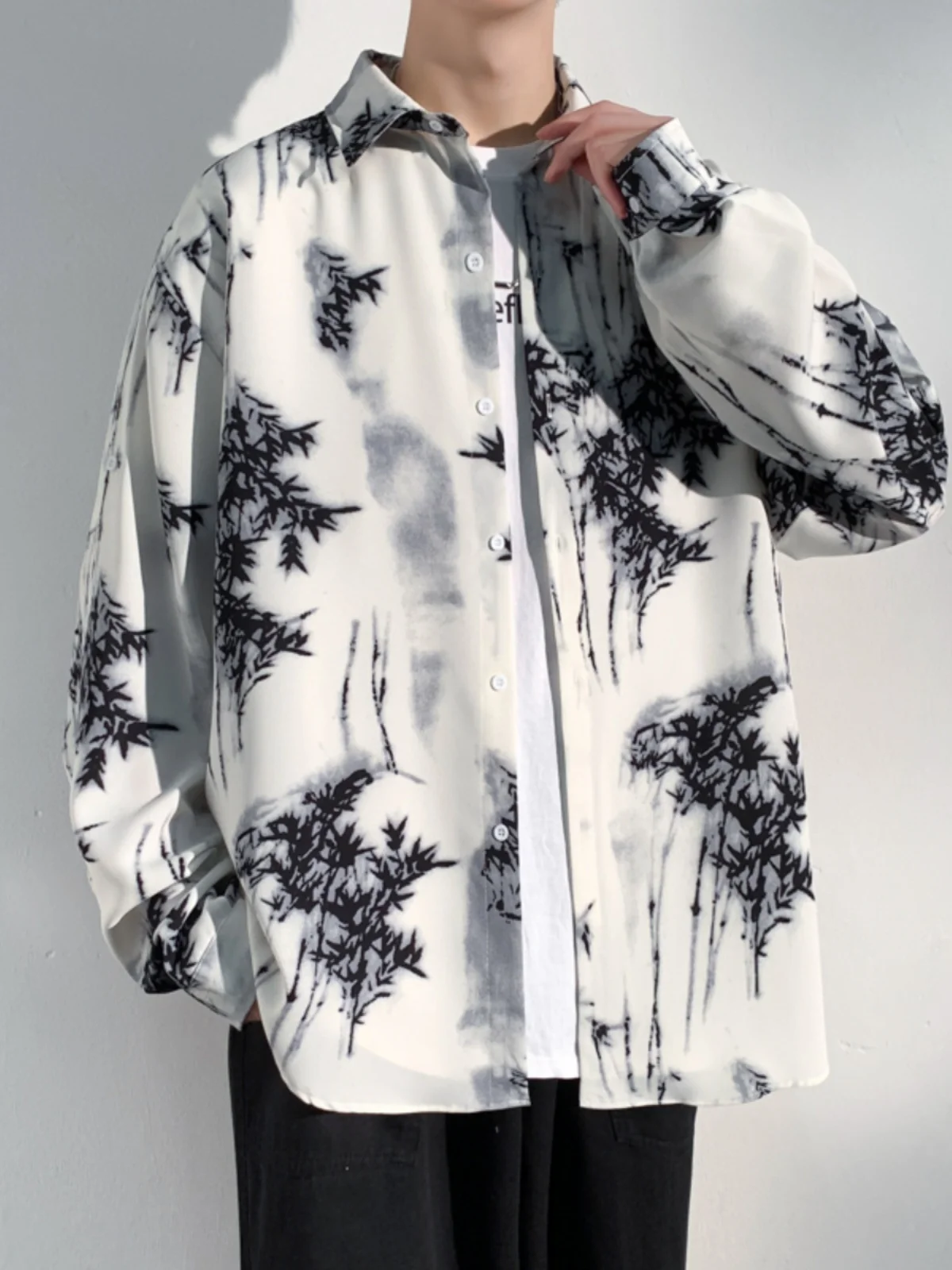 

Baroque Sle Long Sve Men's irt Ink Dyeing Vintage American Flavor Loose Fit Youthful Trend Autumn Wear Ice Silk Fabric
