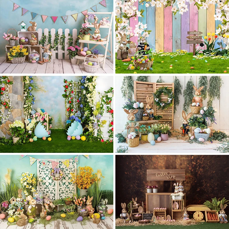 Laeacco Spring Easter Backdrop Rabbit Flower Indoor Decor Baby Shower Portrait Photography Background Bunny Gray Plank Photocall