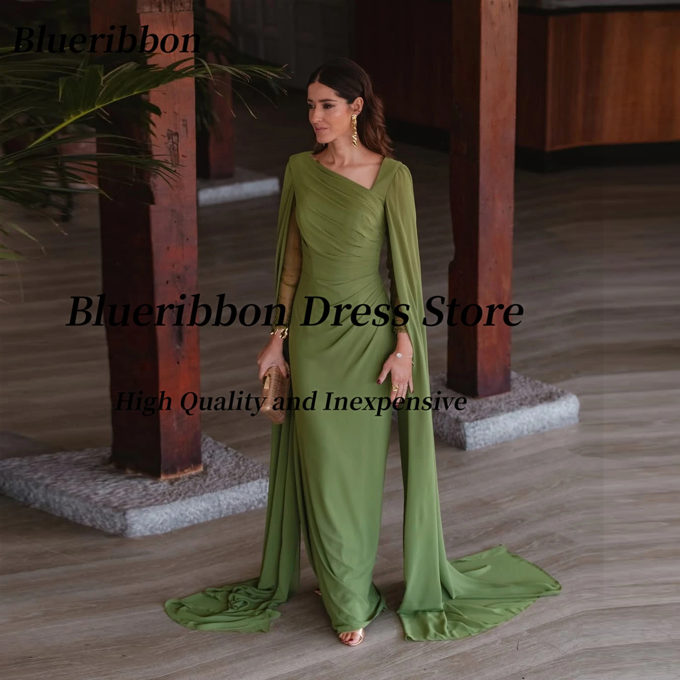 Blueribbon Saoedi-Arabië Galajurken Kralen Lange Mouwen Flutters Avondjurk Rits Terug Robe Des Soiree Aangepast