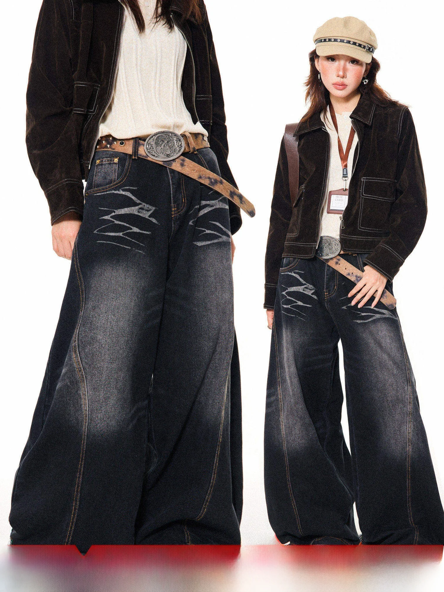 

Джинсы женские в американском ретро-стиле, с высокой талией, широкими штанинами, свободные, драпированные, длиной в пол, из износостойкого денима.