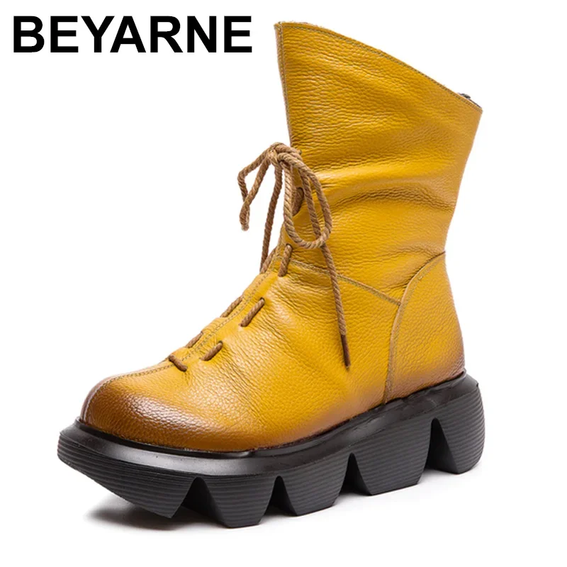 BEYARNE Botas Women Motorcycle Ankle Boots Wedges Female Lace Up Platform Spring Genuine Leather Handmade Shoes Woman