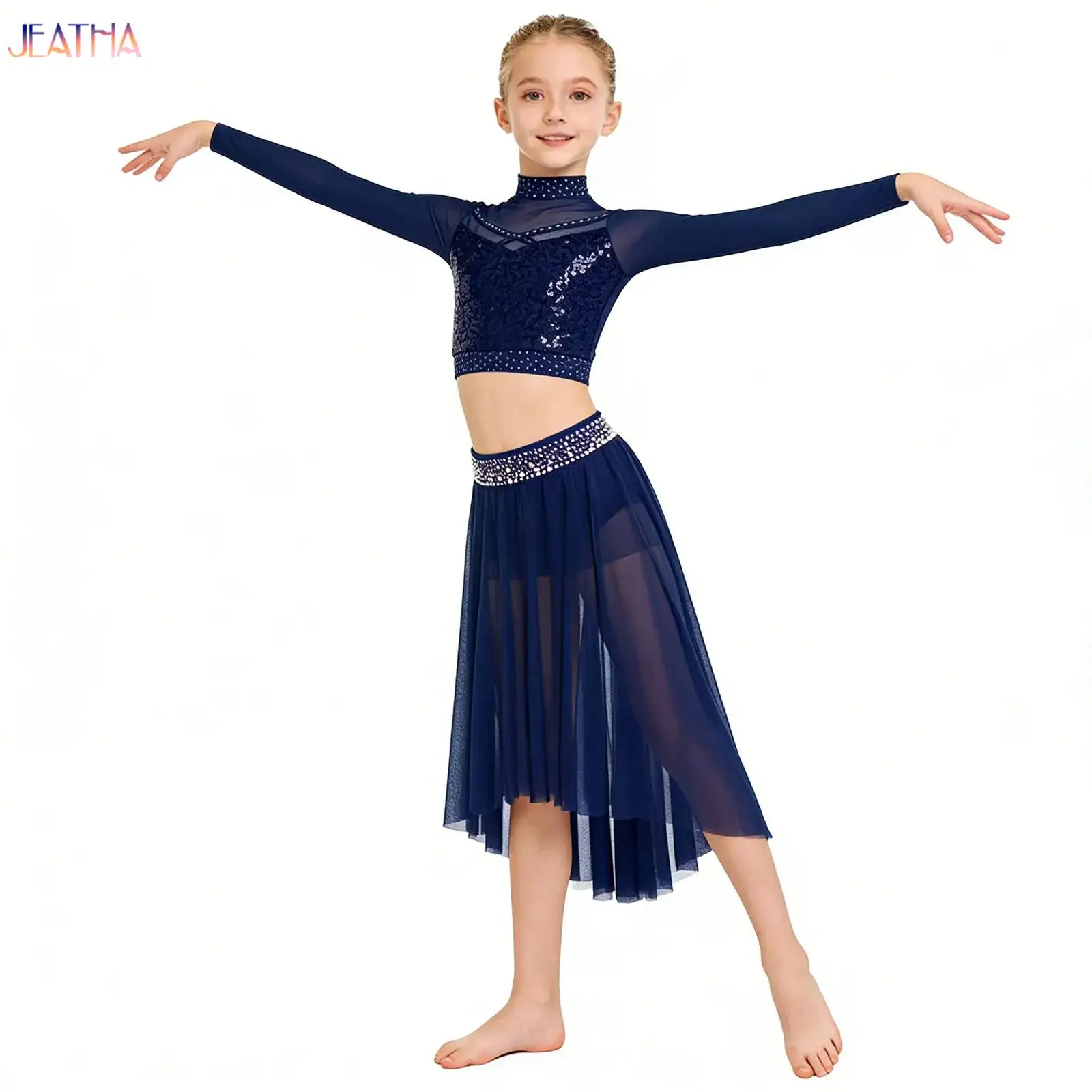 

Kids Girls Ballet Jersey Rhythmic Gymnastics Lyrical Latin Dance Costume Rhinestone Crop Top with Leotard Skirt Waltz Tango