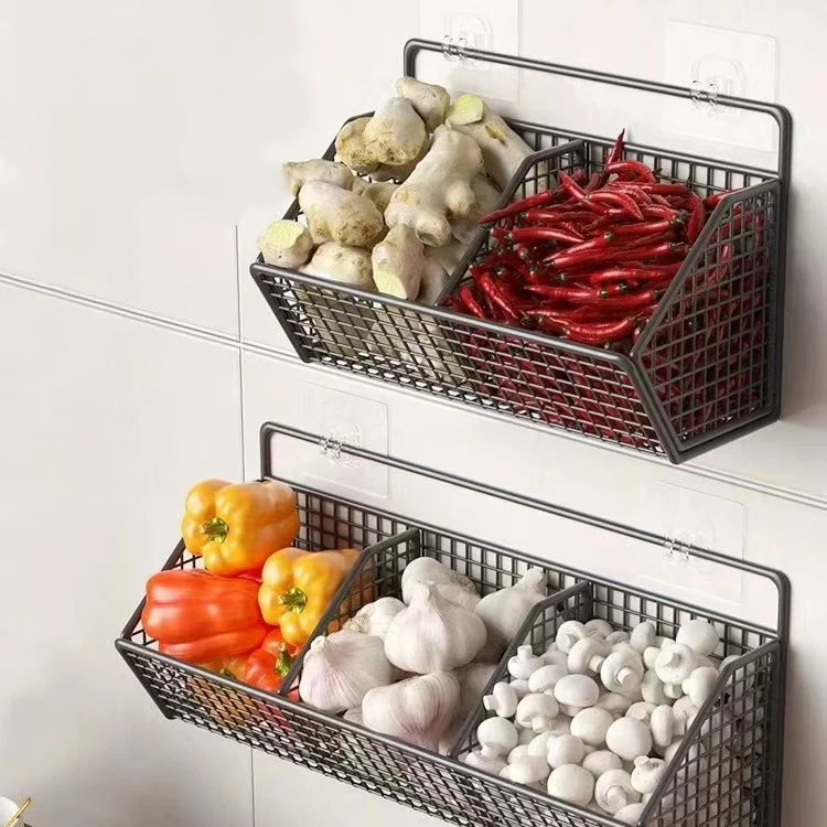 Wall Mounted Kitchen Storage Rack for Onion Ginger Spices Condiments Vegetable Fruit Basket Organizer Shelf Solution