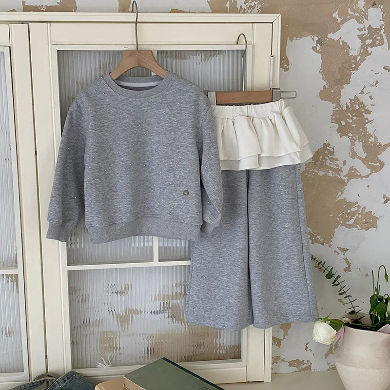 여아용 핫 다이아몬드 맨투맨 캐주얼 바지, 다목적 2 피스 세트, 짧은 스커트, 방귀 커튼, 2025 용수철, 새로운 패션