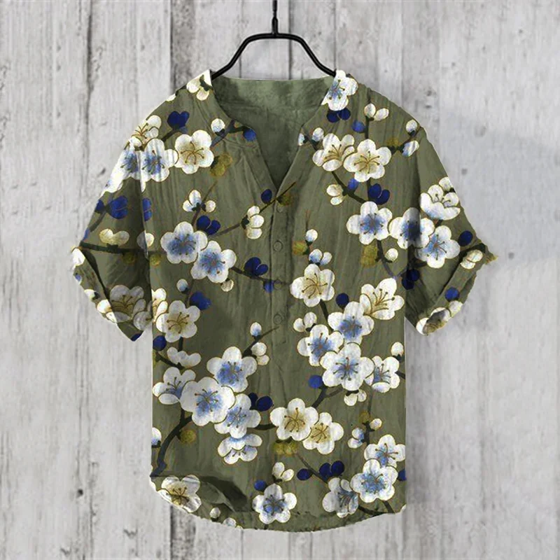 2024 New Men\'s Large Size Short Sleeve Hawaiian Shirt Bamboo Linen 3D Vintage Floral Print Casual Loose Pullover Button Shirt