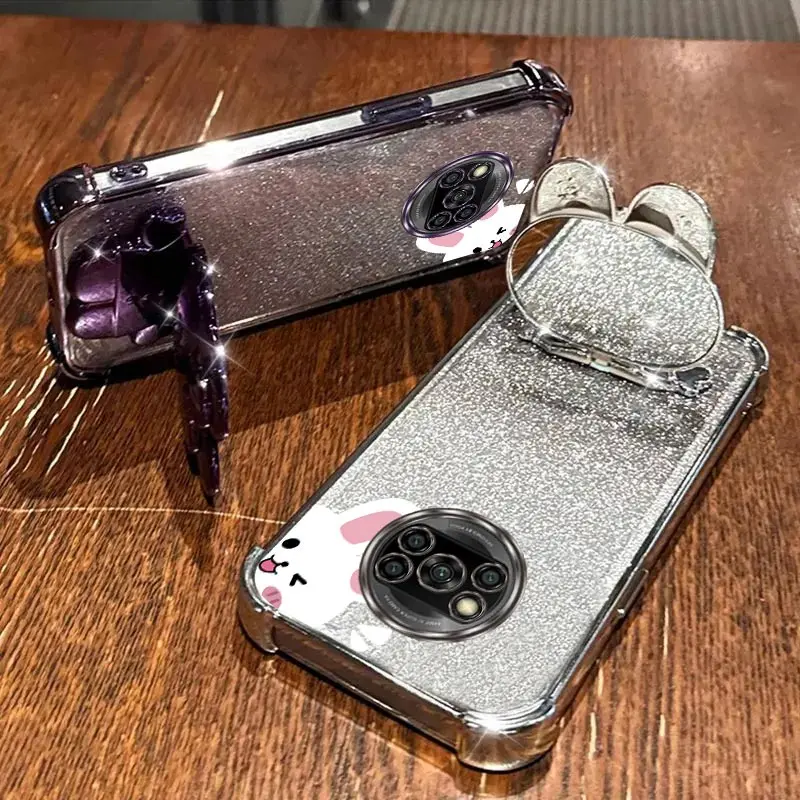 Airbag Glitter Mirror Rabbit Phone Holder Case On For Xiaomi Mi Poco X3 M4 F3 F4 F5 Pro GT Redmi A3 4G 5G Anti-knock Stand Cover - view 4