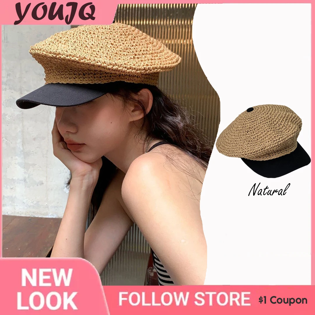 

2023 Summer Short Brim Newsboy Hats For Women Breathable Straw Octagonal Caps Boina Casual Beach Visor Beret Casquette Homme