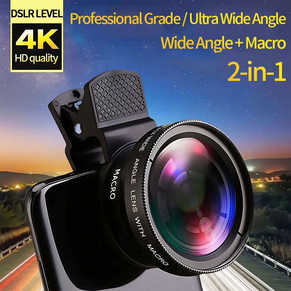 Universal 2 em 1 clipe de lente 37mm lente do telefone móvel profissional 0.45x 49uv super grande angular + macro hd lente para iphone android