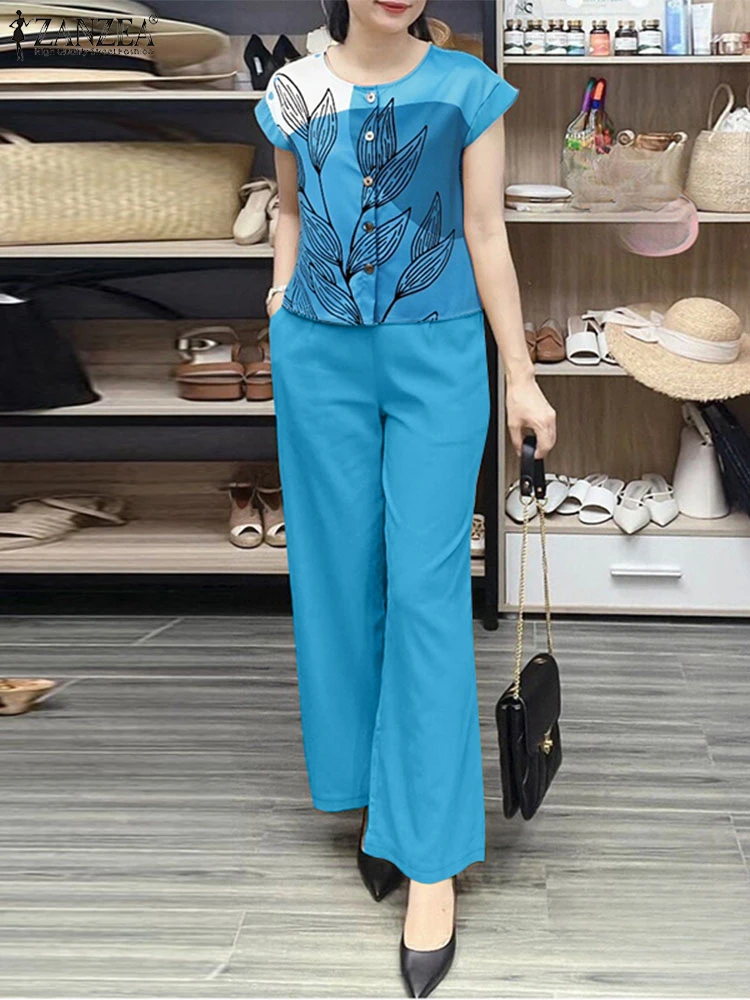 

Fashion Summer Short Sleeve Floral Blouse Trousers Suits 2025 ZANZEA 2PCS Outfits Women Matching Sets Elegant Work Tracksuits