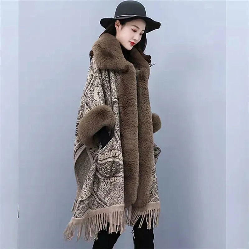 Wool Coat Women Autumn Winter Fur Poncho Capes New Warm Women Cloak Big Fur Color Loose Tassel Capes Ladies Cloak Cardigan Coat