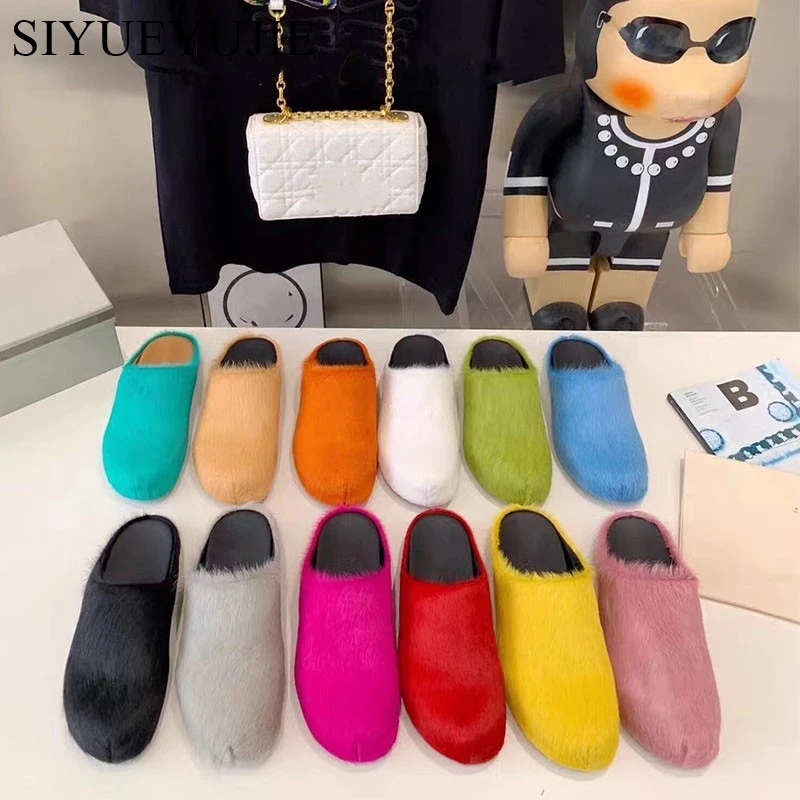 Women Horse Hair Shoes Fur Mules Flat Slippers 2024 Spring Autumn Fashion Slides Thick Sole Casual Comfortable Men Flat Slippers