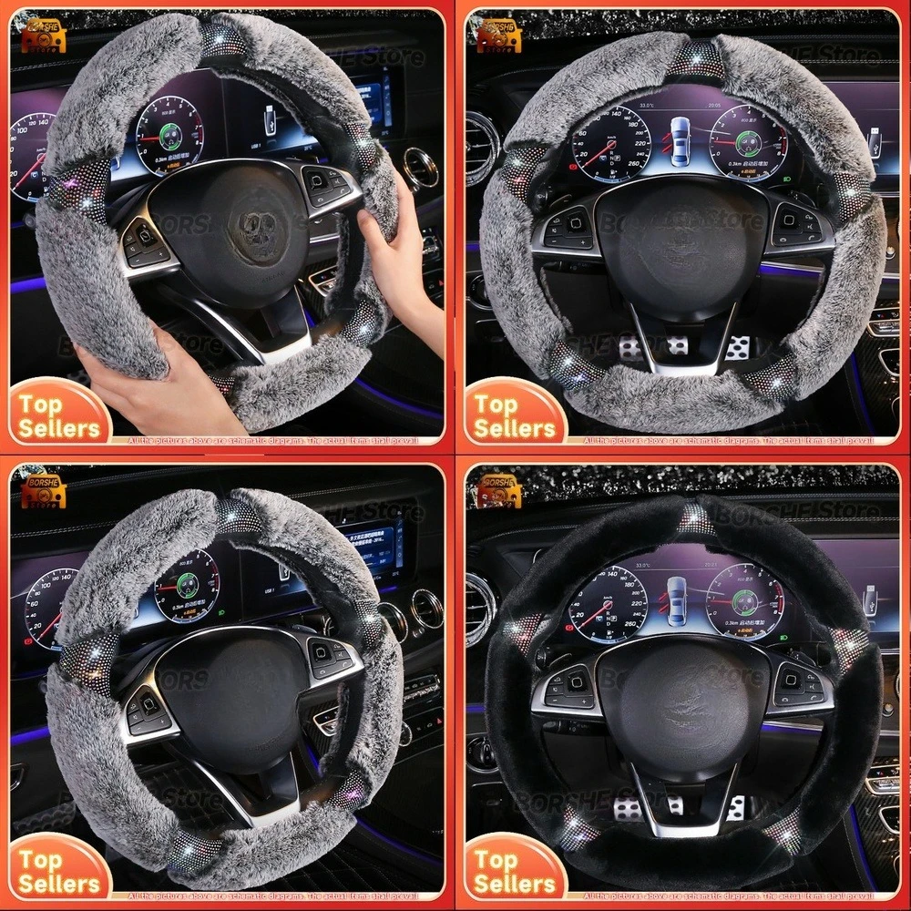 

2026 Suitable for Universal Car Models Plush Faux Fur Rhinestone Steering Wheel Cover Warm Soft Cute Creative Winter Auto