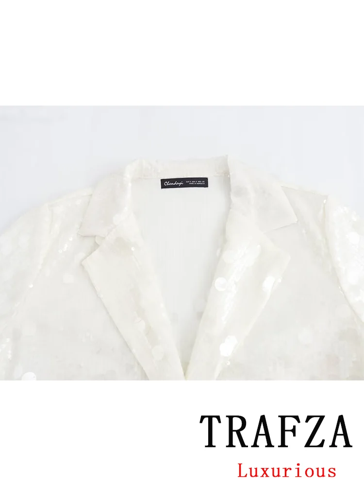 TRAFZA Vintage Casual Women Sequined Blazer Solid Oversized V-Neck Long Sleeve Blazer New Fashion 2024 Streetwear Summer Blazers