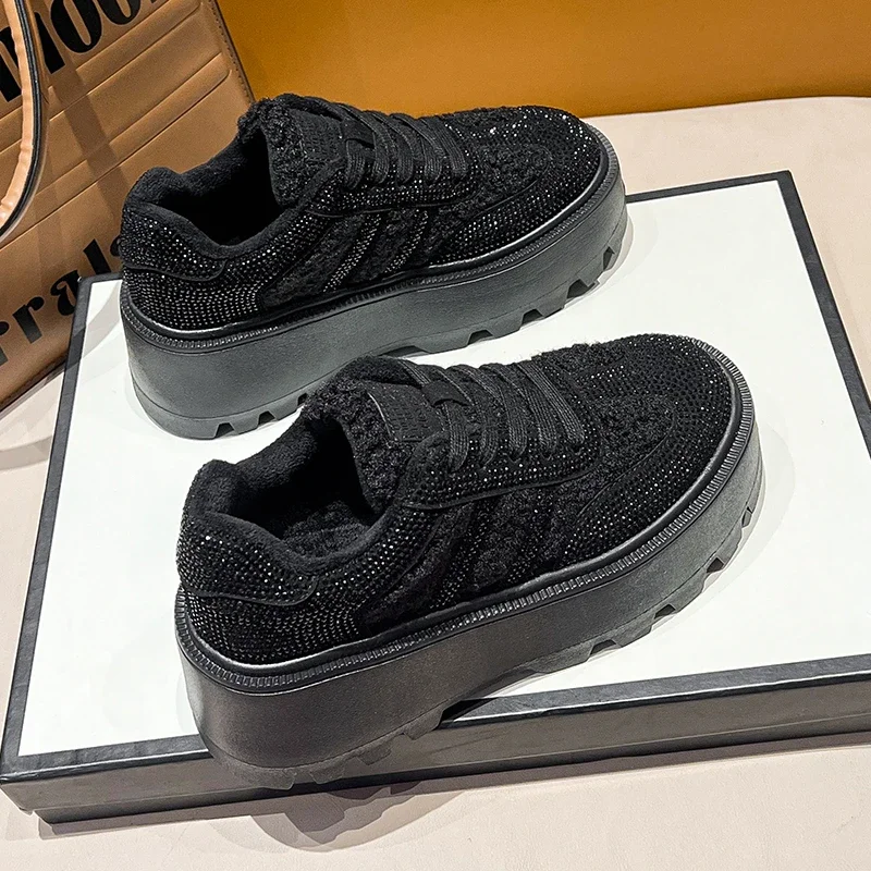 Women's Casual Sports Shoes Winter New Round Head Suede Rhinestones Before Lacing Thick Sole Anti-slip Low-top Cotton Shoes