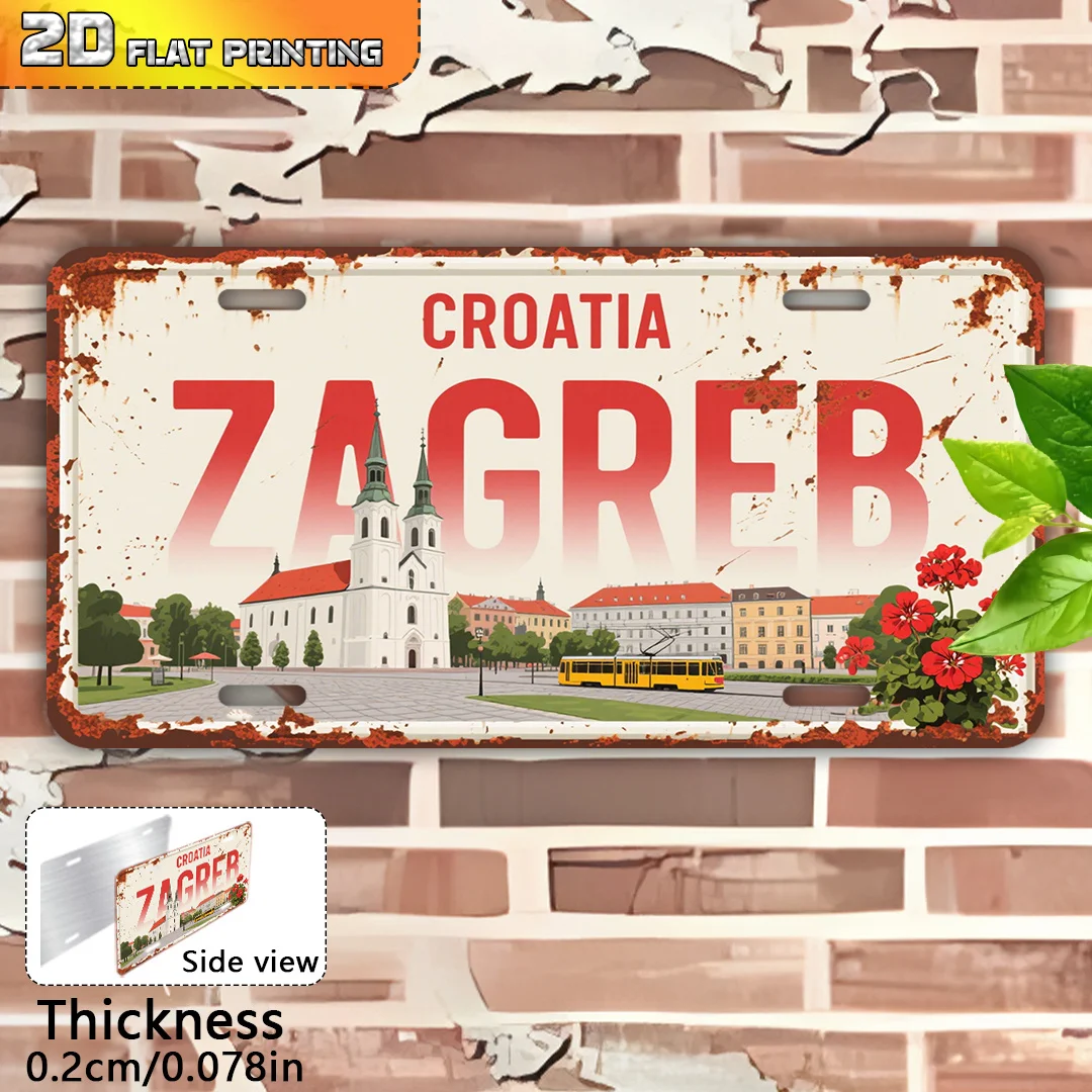 

2D Flat, 1pc Vintage Zagreb Croatia Aluminum Sign - 15.24x30.48 cm Rustic European Cityscape Wall Art, Durable Outdoor/Indoor De