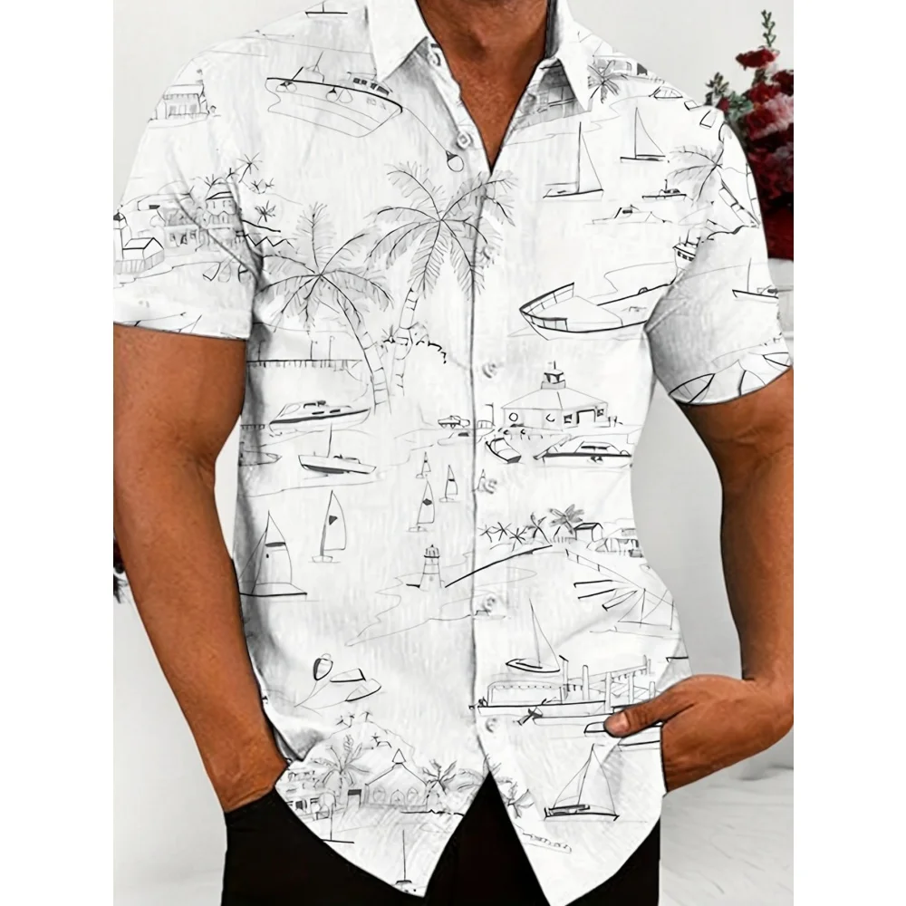 

Men's Summer Hawaii Style Sailboat Palm Tree Print Casual Shirt Beach Short Sleeve Casual Shirt Top for Men Fashion Vacation Top