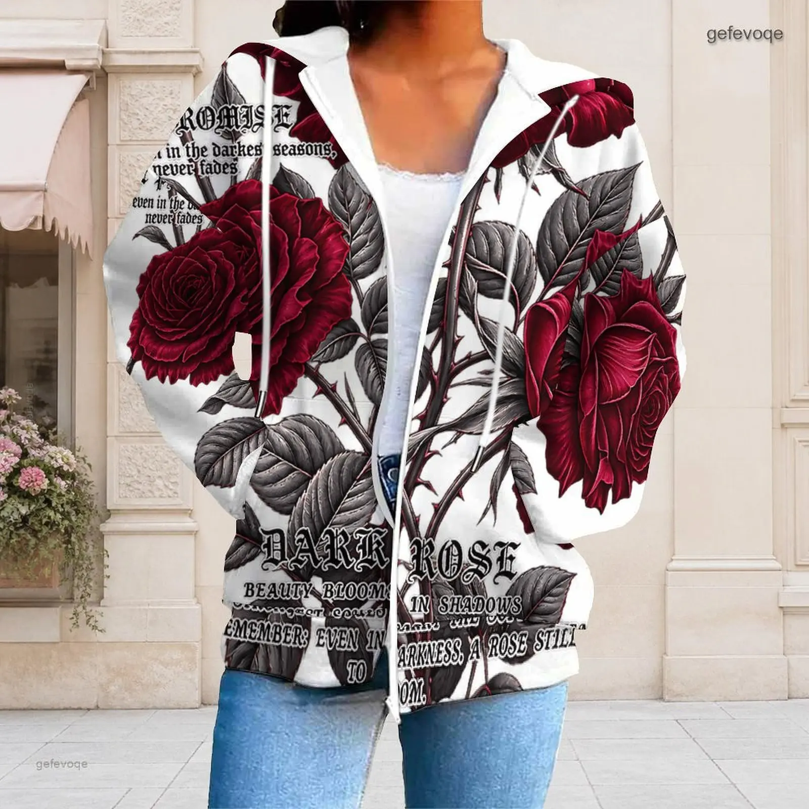 Women Dark Red Rose Gothic Text Printed Zip Up Drawstring Long Sleeve Hoodie With Pockets