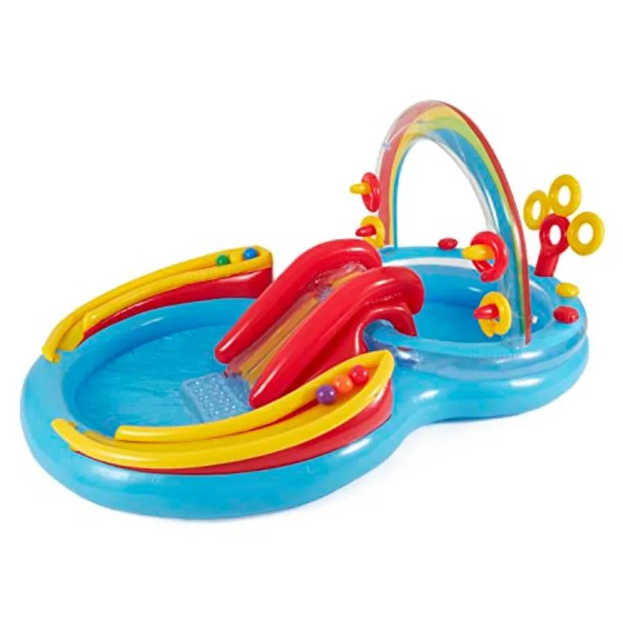 Inflatable Play Center Pool for Outdoor Use, PVC Rainbow Ring Material, Multicolored, Includes Water Slide and 100-Pack Plastic