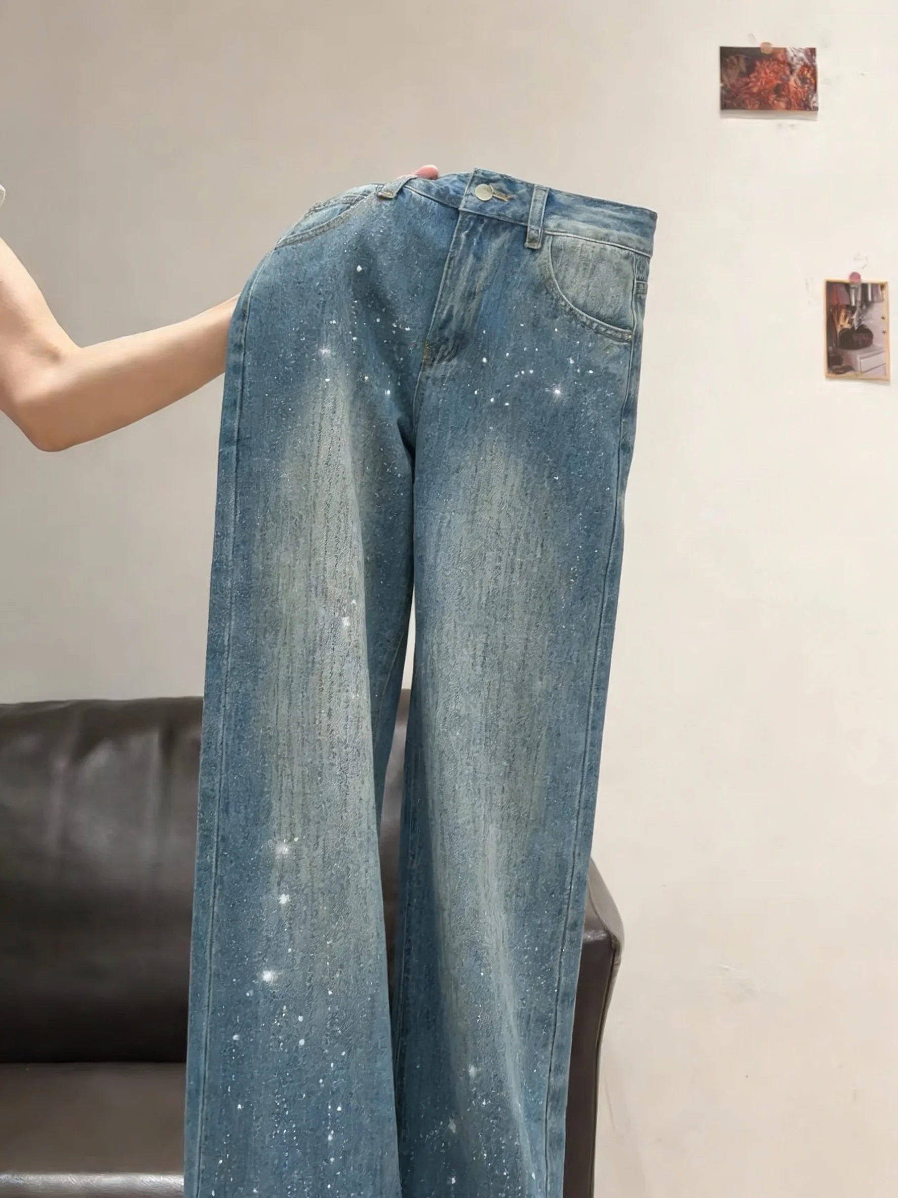 

Высококачественные широкие джинсы унисекс из плотного денима, весенне-осенние, прямые, с эффектом блеска и стразами