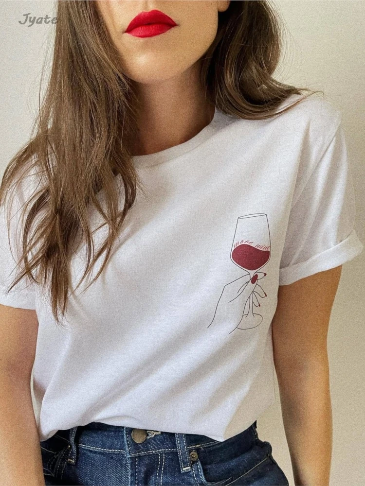 

2024 New Wine Glasses Creative Print Summer T-shirts New White Cotton O Neck Short Sleeve Tees Loose French Fashion Casual Tops