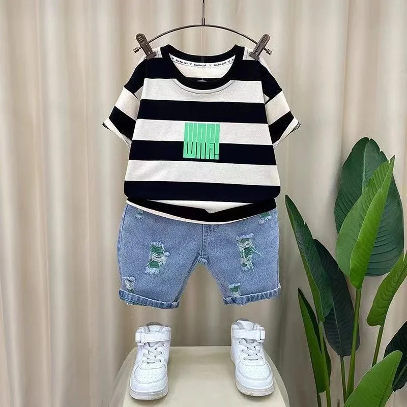 Fashion Short Sleeve Striped T-Shirt Tops And Jeans Shorts Baby Boys Clothes Kids Outfits Summer 2PCS Boutique Clothing Tide Set