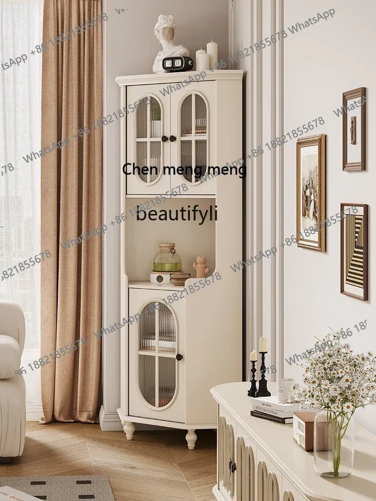 French Cream Style Solid Wood Corner Cabinet Small Apartment Living Room Shelf Wall Triangle Sideboard Cabinet