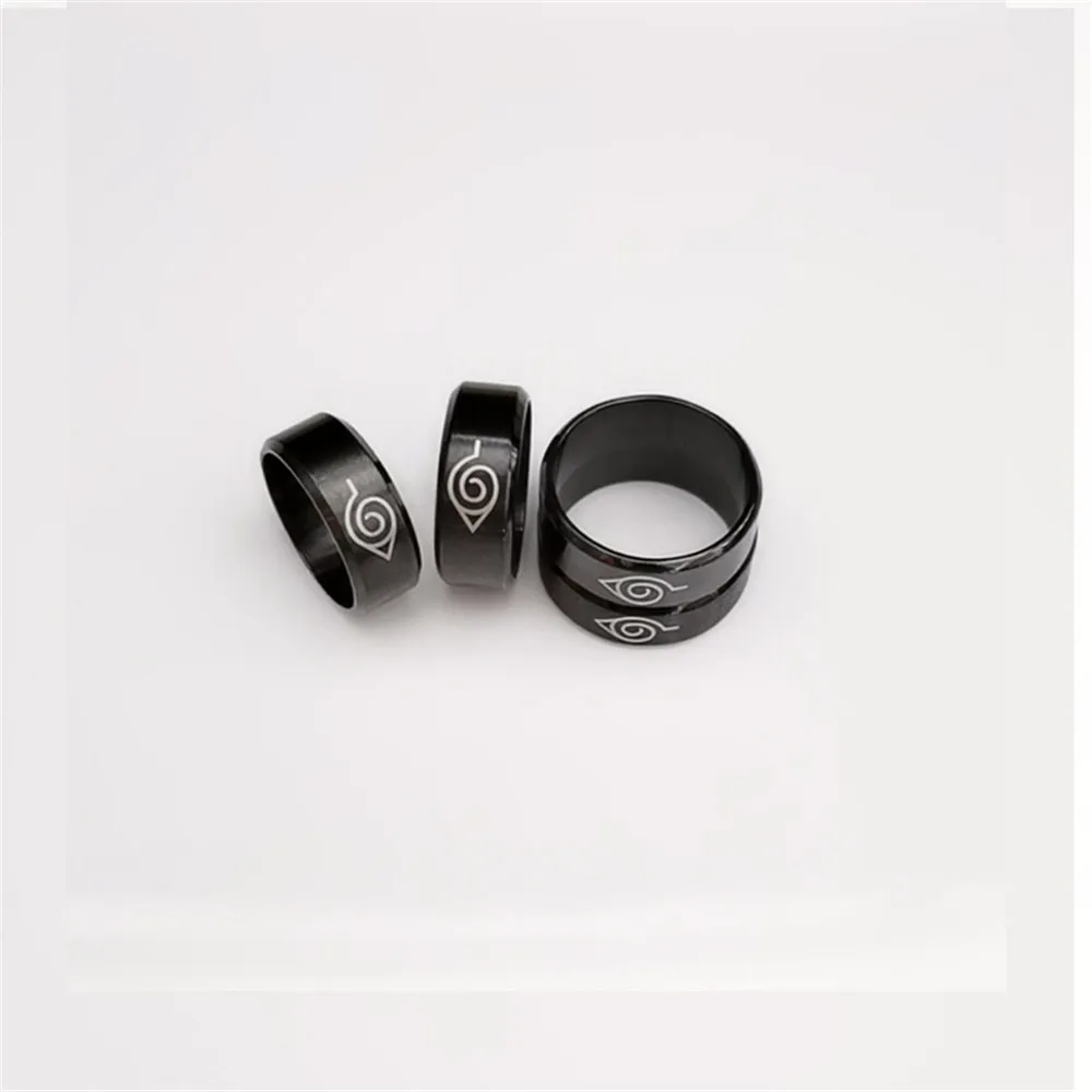 Anime Akatsuki Ring Leaf Konoha Village Symbal Logo Rings Sign Sasuke Ninja Black Fashion Steel Jewelry Akatsuki Figure Gifts