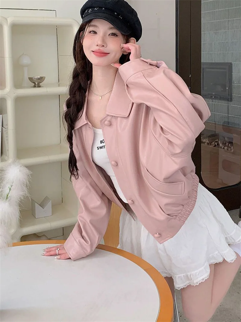 Veste courte en cuir PU pour femme, rose épicé, style fille, haut femme, version coréenne, rétro, design adt, automne, nouveau, 2024