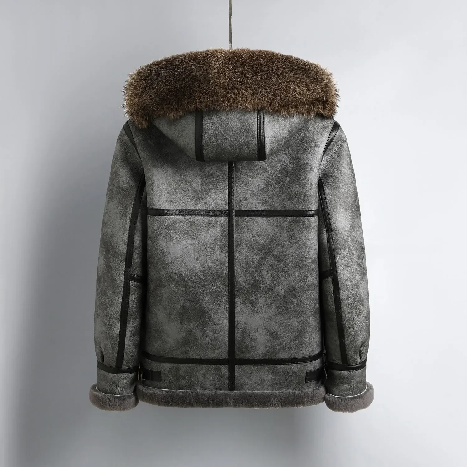 Grey B3 Original Natural Fur Coat Men Genuine Leather and Fur Clothing Men's Winter Coats and Jackets Male Hooded Warm Clothes F