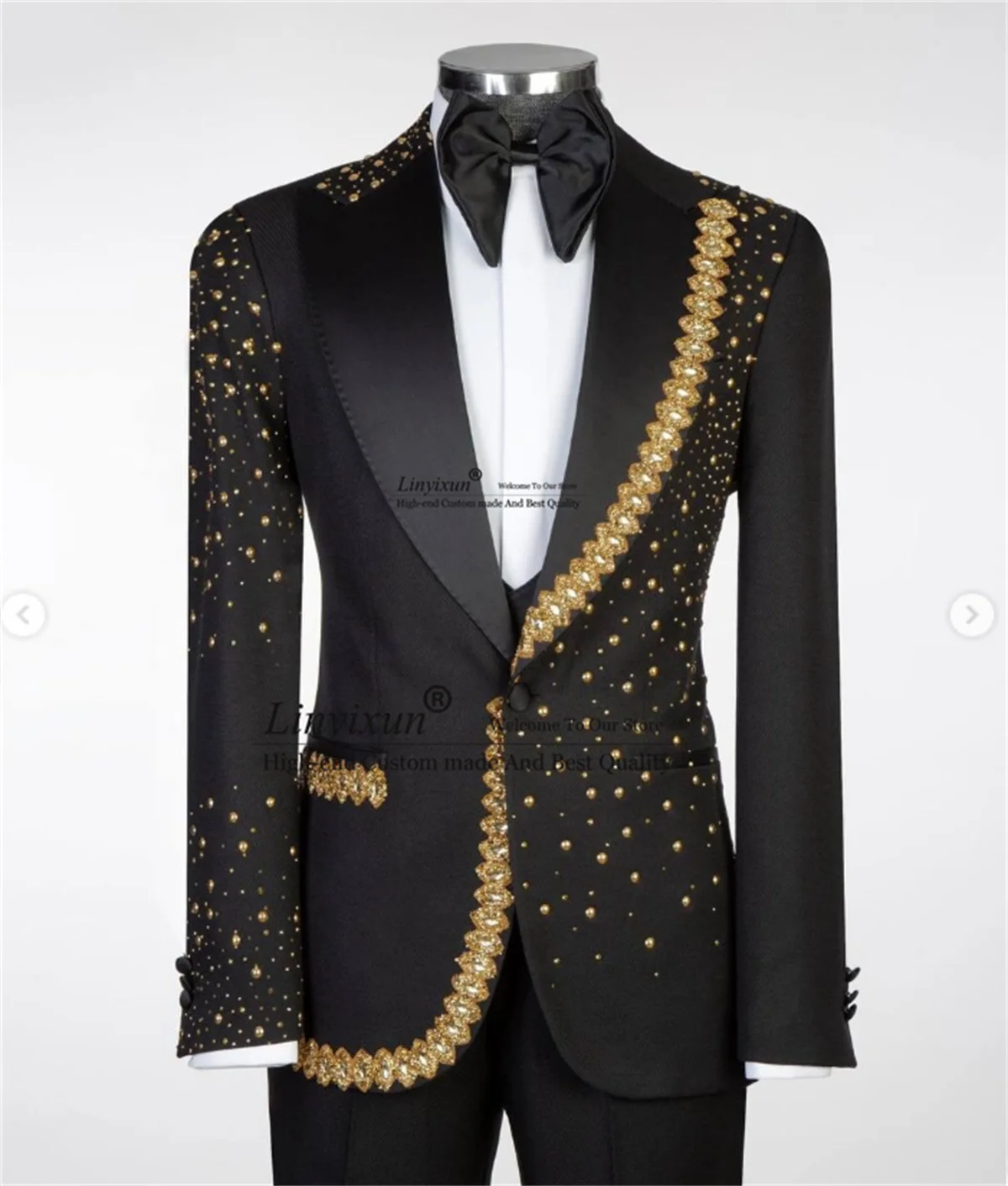 

Luxury Rhinestone Stones Men Suit Customized Peaked Lapel Groom Party Male Blazers 3 Piece Sets Tuxedo Wedding Costume Homme