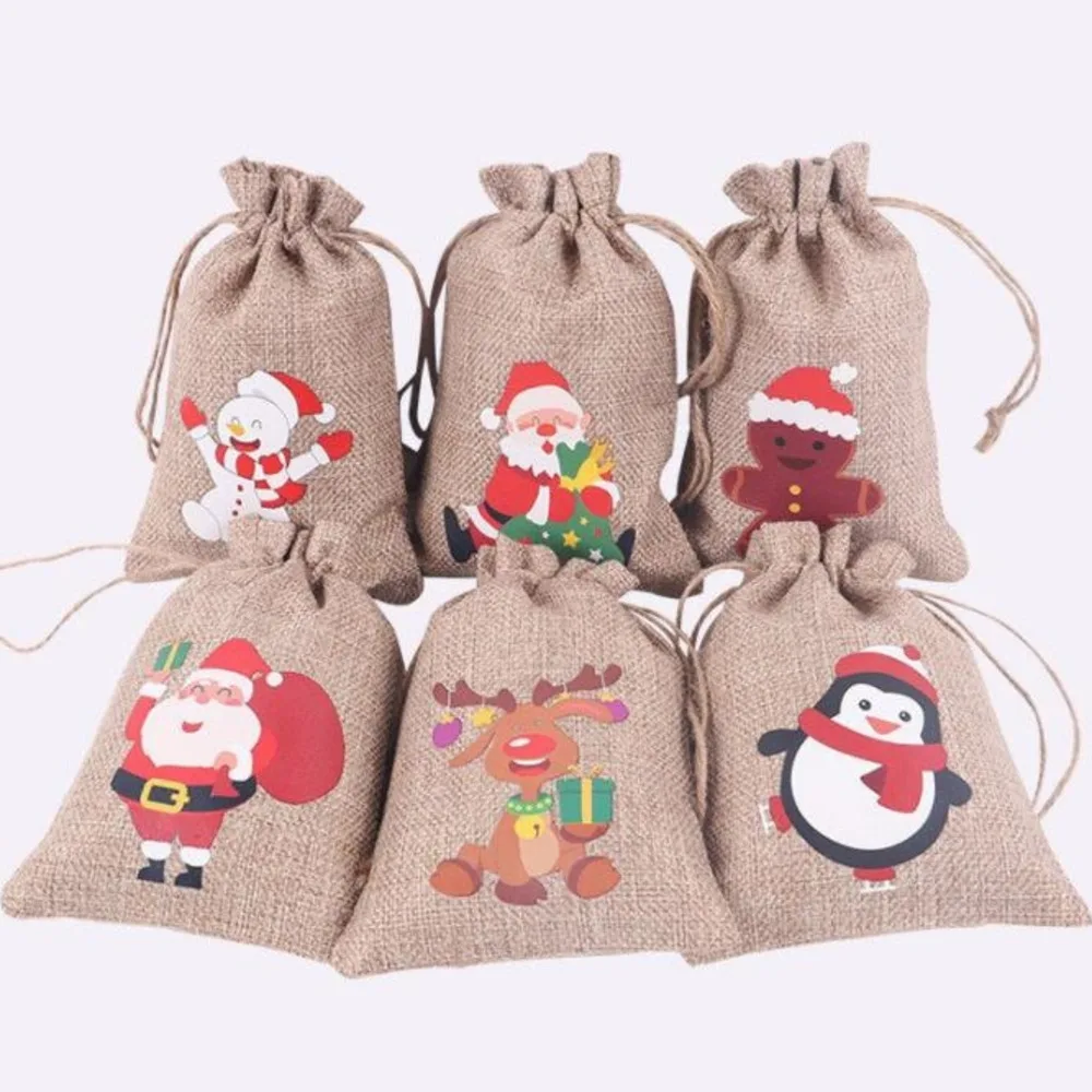 

Christmas Burlap Linen Drawstring Bag Santa Claus Snowman Candy Gift Jewelry Packaging Present Bags Xmas Favors Decoration