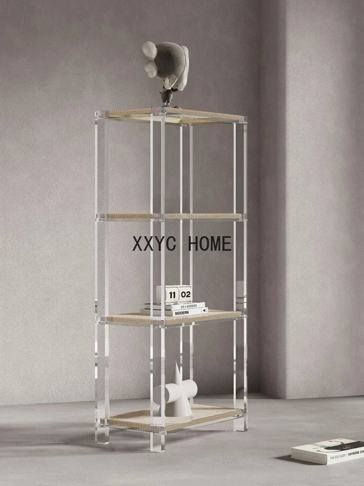 

Акриловая напольная полка для хранения с элементами из ротанга, многоярусный съемный шкаф для спальни и гостиной