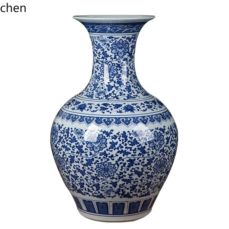 YXY Ceramic Floor-standing Large Vase Hand-painted Antique Blue and White Porcelain Lotus Decoration Ornament for Living Room