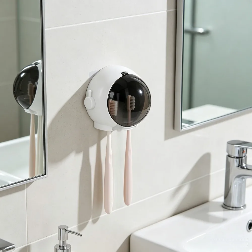 2 Pack White Cartoon Astronaut Wall Mount Toothbrush Holder, No Drill Punch Free Bathroom Toothpaste Organizer, Self-Adhesive Waterproof Tooth Brush Storage Rack for Shower Restroom