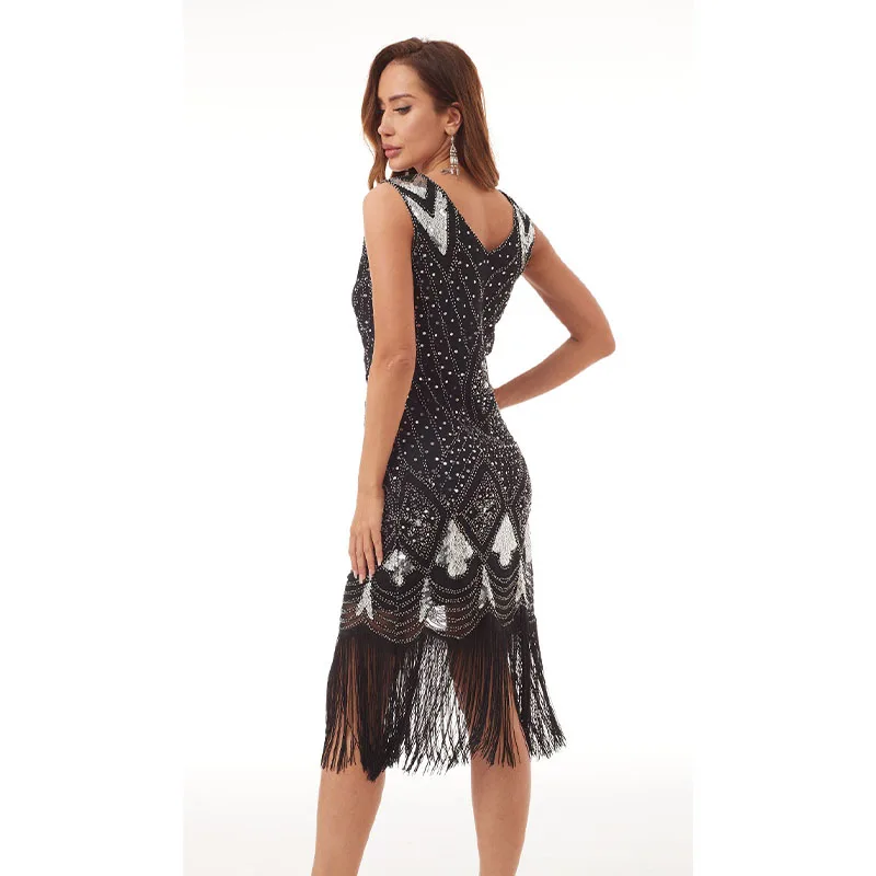 Vintage pailletten bezaaid handgemaakte parel kwastje V-hals avondjurk groot feest podiumvoorstelling rok geschikt voor dansfeesten