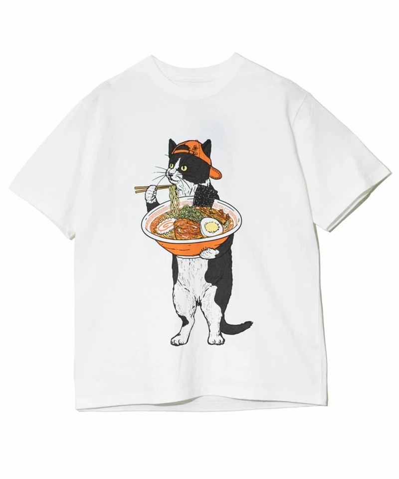 Camiseta de Algodón con Estampado de Gato y Fideos de Trigo Sarraceno, Unisex, para Hombre y Mujer, de Verano, Manga Corta, Marca de Moda, Estilo Casual de Lujo, Ropa de Calle