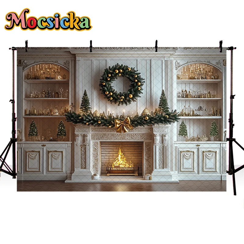 Mocsicka Xmas Living Room Photography Background Fireplace Garland Decor Props Adult Kids Family Portrait Photo Backdrop Studio