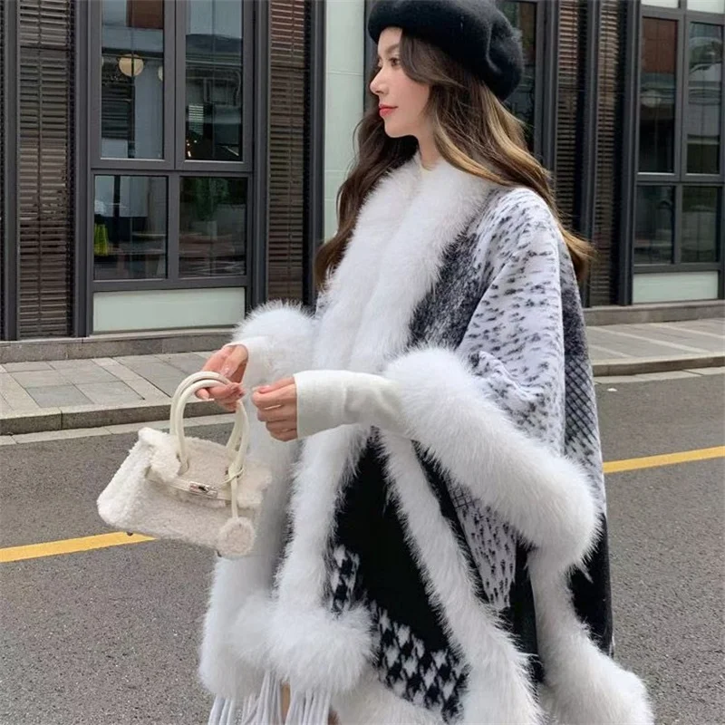 Women Loose Faux Fur Ball Out Street Wear Winter Warm Cardigan Shawl Cape Oversize Lining Velvet Cloak Overcoat Poncho