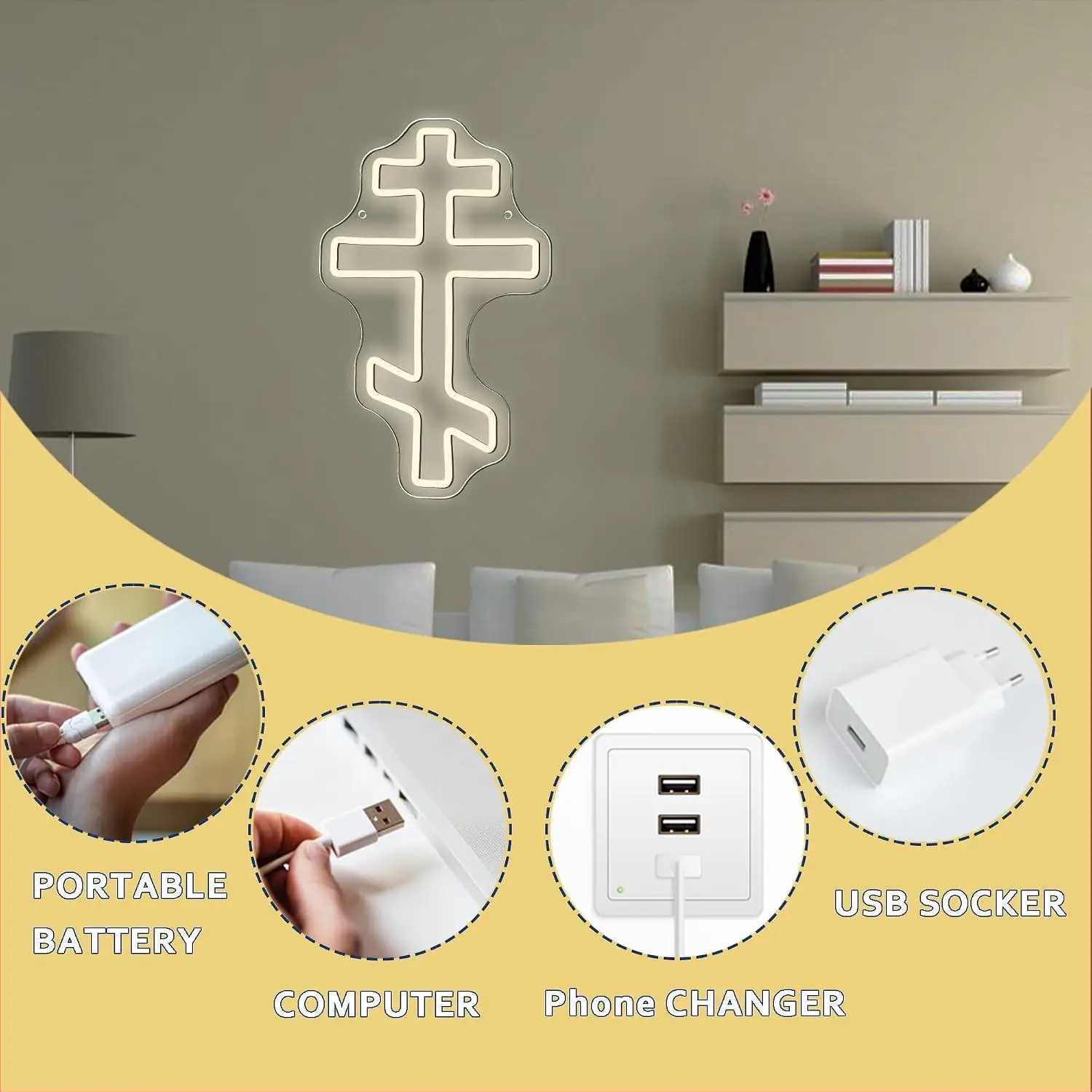 Eastern Orthodox Cross Neon Sign USB Dimmable LED Lights For Prayer Room Bedroom Living Room Religious Faith Wall Display Gift