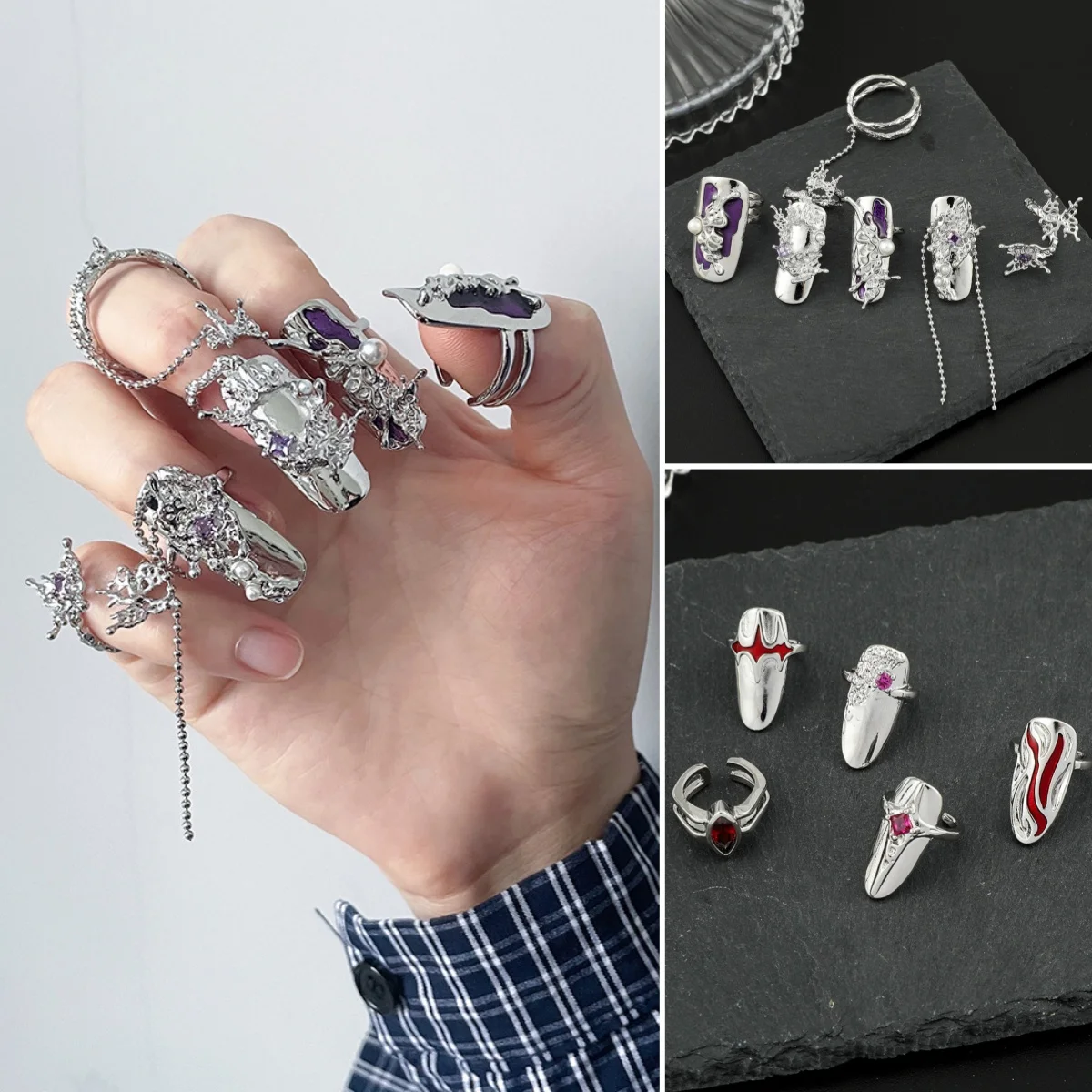 

WANZHI New High End Purple Butterfly Tassel Nail Set Ring for Women Luxury Purple Sapphire and Emerald Set Fashion Accessories