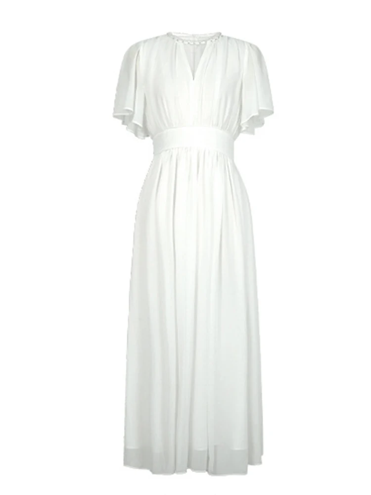 French Holiday Vacation Dress Women Sweet Fairy White Chiffon Cut Out Pleated Swing Long Robe Female Seaside Party Date Vestidos