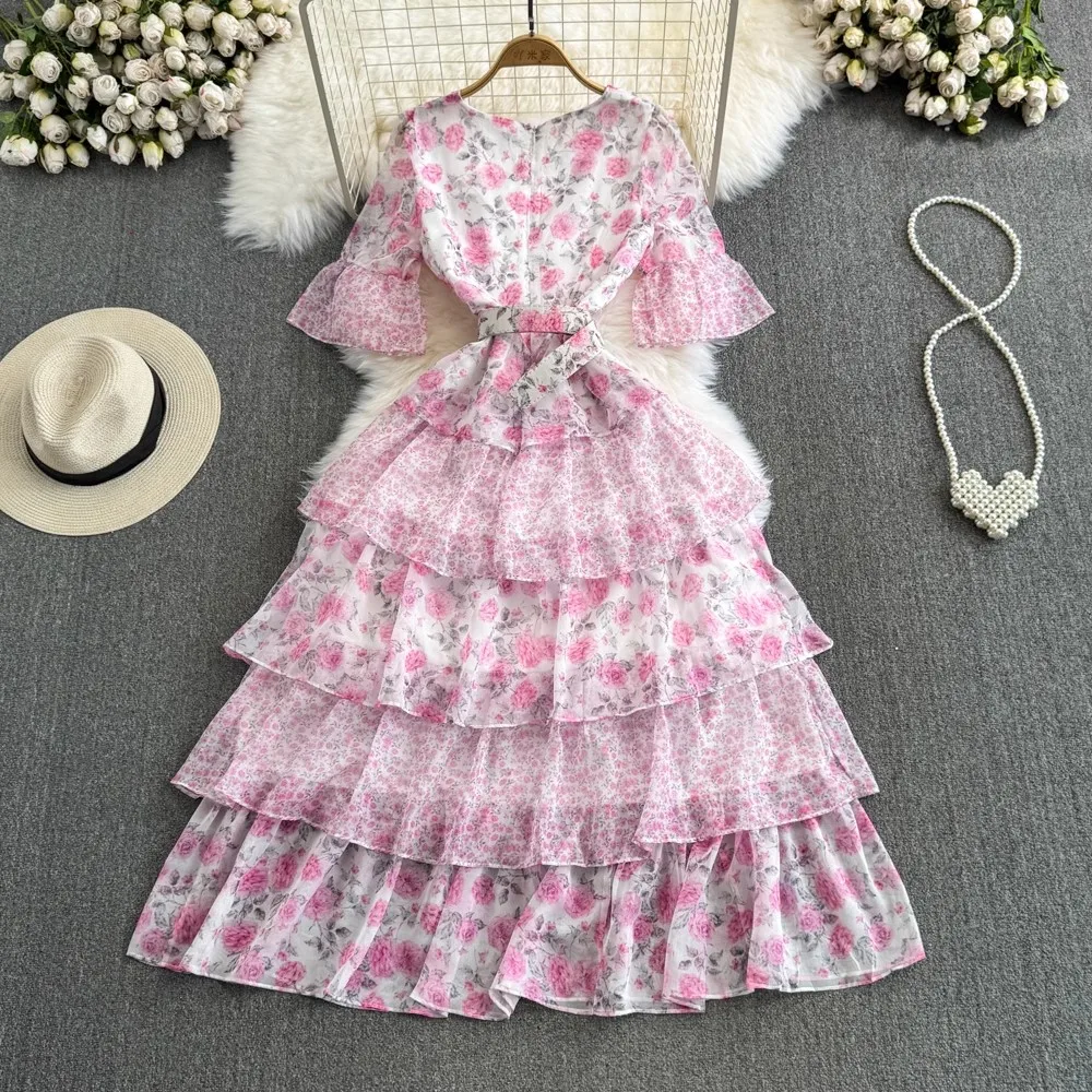 Luxury Women Summer Fashion Floral Pink Print Flowy Chiffon Layered Long Party Evening Dinner With Belt Casual A Line Dresses