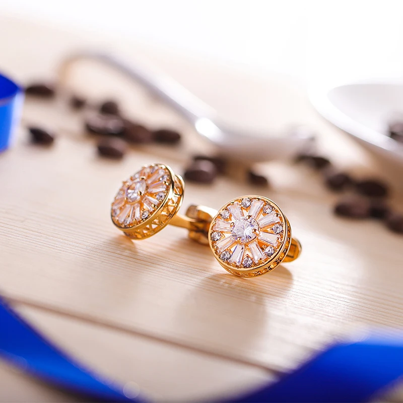KFLK Brand High Quality for Mens Women Gold-color Round White Crystal Cufflinks Wedding Gift Button Guests female